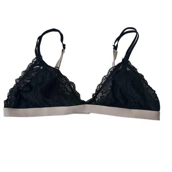 Black With Nude Edging Triangle Lace Bralette Adj Straps Hook & Eye Close Large - Picture 1 of 12